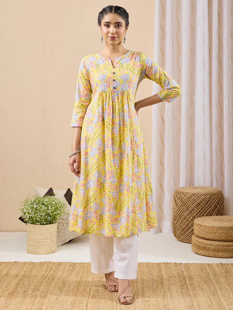 Women Yellow Floral Printed Cotton A-Line Kurta