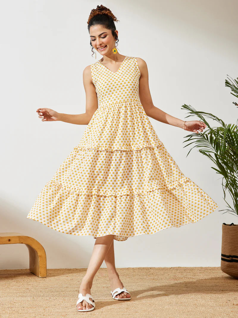 Yellow Floral Printed Pure Cotton Tiered Midi Dress